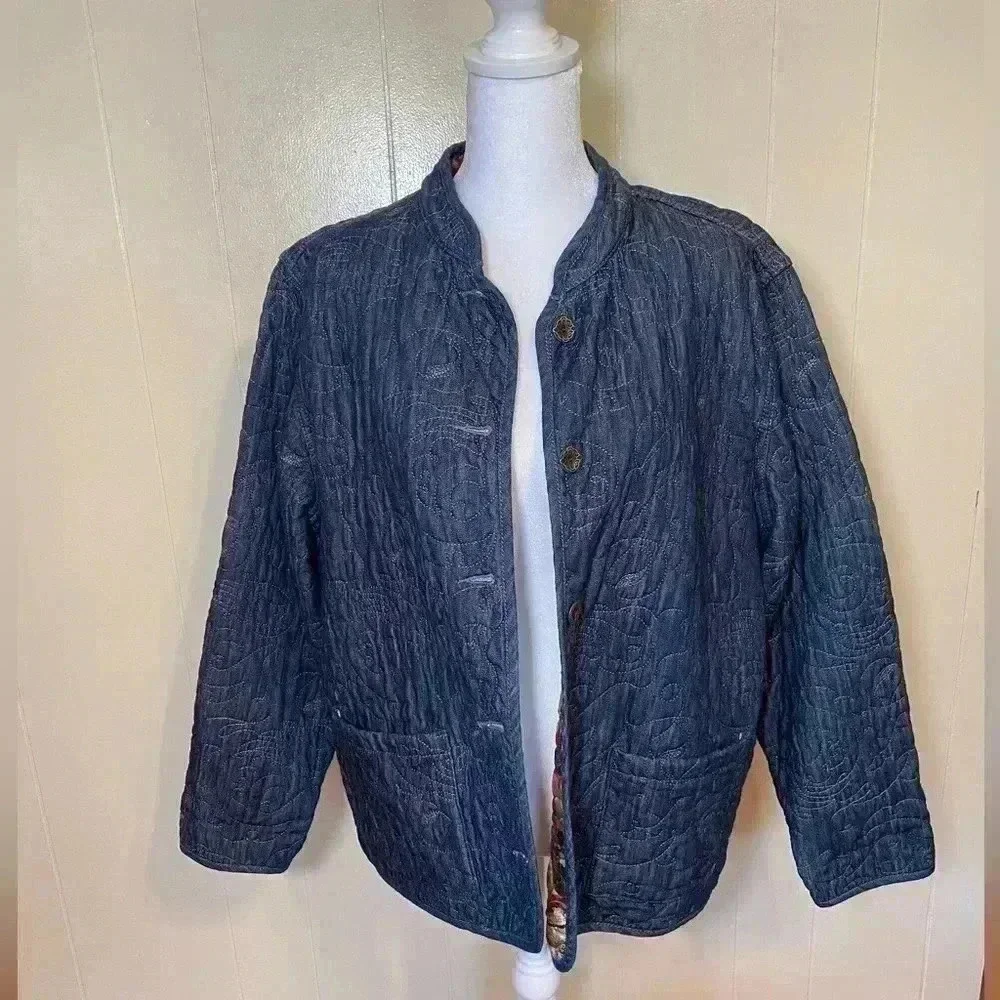 Woman’s Reversible Quilted Jacket Coat.  Denim And Floral.  Size L/XL. - Picture 2 of 10